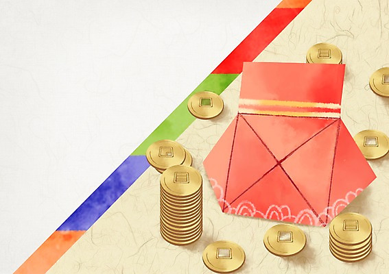 PSD 백그라운드 일러스트 복주머니 사람없음 설날 전통문양 동전 한지 엽전 국내일러스트 전통 문양 명절 종이 돈 전통소품 파일형식