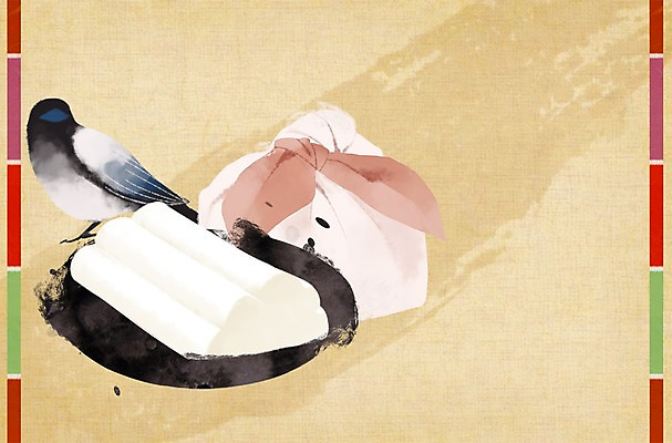 PSD 백그라운드 일러스트 붓터치 사람없음 설날 전통문양 보자기 한지 보따리 까치 가래떡 국내일러스트 전통 문양 명절 종이 조류 떡 파일형식 천_직물