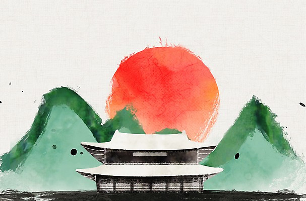 PSD 백그라운드 일러스트 붓터치 산 한옥 사람없음 설날 태양 전통문양 한지 국내일러스트 자연요소 한국전통 전통 문양 명절 종이 고건축 파일형식