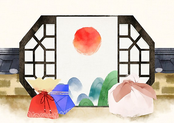 PSD 백그라운드 일러스트 산 복주머니 사람없음 설날 태양 전통문양 보자기 한지 보따리 전통문 전통문살 기와담장 국내일러스트 자연요소 전통 문양 명절 종이 전통소품 기와 담장 문 문살 파일형식 천_직물