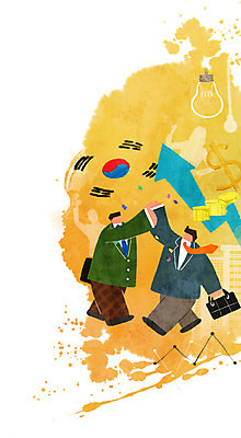 PSD 남자 화살표 서류가방 일러스트 비즈니스 아이디어 한국 성인 두명 달러 동전 파이팅 비즈니스맨 태극기 하이파이브 전구모양 국내일러스트 모양 아시아 컨셉 돈 가방 전구 모션 사람 손짓 직장인 국기 파일형식