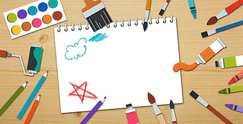 PSD 백그라운드 일러스트 색연필 미술 사람없음 하이앵글 연필 물감 미술도구 붓 플랫 페이퍼아트 책상 스케치북 종이공예 페인트붓 페인트롤러 빨간크레용 플랫레이 국내일러스트 뷰포인트 가구 문화예술 학용품 필기구 공예 오브젝트 파일형식