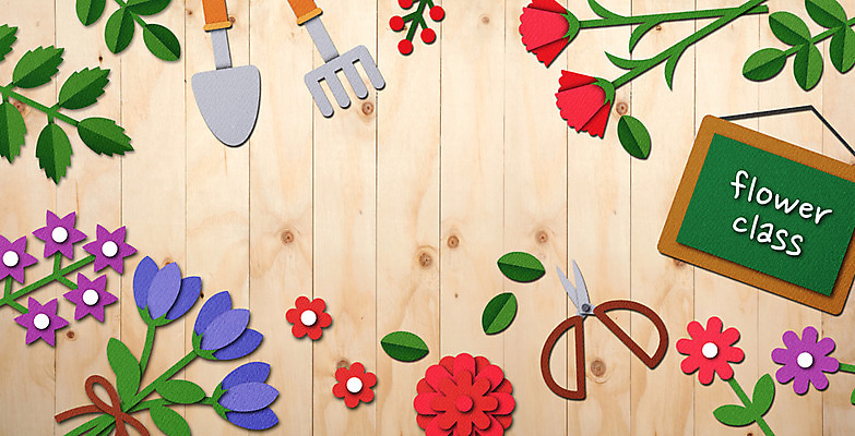 PSD 식물 꽃 백그라운드 일러스트 나뭇잎 가위 사람없음 하이앵글 플랫 페이퍼아트 모종삽 꽃꽂이 책상 종이공예 원예 원예용품 플랫레이 국내일러스트 뷰포인트 가구 생활용품 잎 문구용품 취미 공예 삽 파일형식