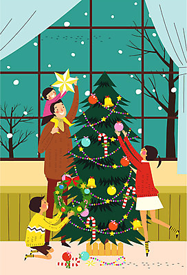 여자 남자 리본 어린이 크리스마스장식 크리스마스 일러스트 창문 가족 실내 여러명 성인 크리스마스트리 종 커튼 크리스마스양말 크리스마스지팡이 국내일러스트 AI파일 기념일 다수 관계 지팡이 양말 사람 내부 파일형식 벡터