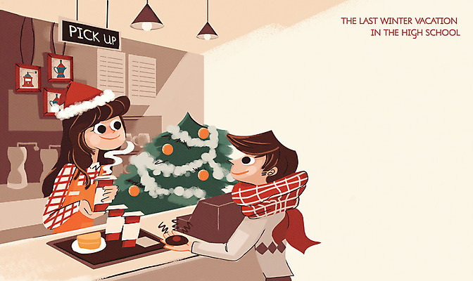 PSD 여자 남자 음료 겨울 일러스트 산타모자 청소년 고등학생 조명 쟁반 실내 두명 크리스마스트리 카페 계산대 겨울방학 진동벨 국내일러스트 모자_잡화 학생 계절 크리스마스 방학 사람 내부 상점 알림 파일형식