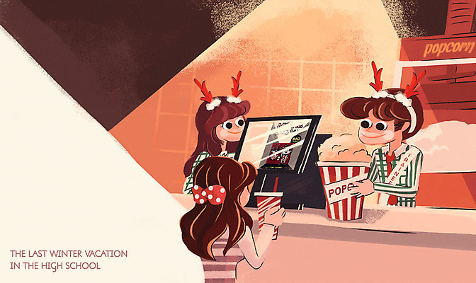 PSD 여자 남자 겨울 일러스트 청소년 고등학생 조명 실내 세명 머리띠 영화관 계산대 팝콘 아르바이트 겨울방학 루돌프머리띠 최저임금 비정규직 국내일러스트 학생 계절 비즈니스 장신구 방학 사람 내부 경제 극장 파일형식