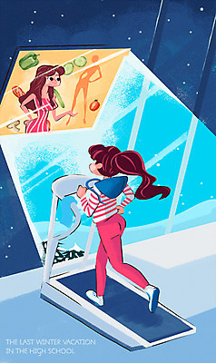 전신 PSD 여자 겨울 몸매관리 다이어트 일러스트 창문 청소년 고등학생 실내 두명 달리기 운동 몸매 런닝머신 겨울방학 국내일러스트 학생 계절 모션 방학 건강 사람 내부 운동기구 파일형식