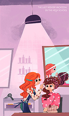 PSD 여자 겨울 일러스트 청소년 고등학생 조명 실내 성인 두명 거울 파마 미용실 미용사 겨울방학 파마기구 국내일러스트 직업 학생 헤어스타일 계절 방학 사람 내부 미용용품 뷰티샵 파일형식