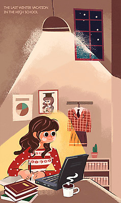 PSD 여자 교복 화분 겨울 일러스트 창문 청소년 고등학생 조명 책장 실내 한명 책 노트북 방 머그컵 책상 겨울방학 국내일러스트 1 학생 옷 계절 가구 방학 사람 내부 컵 전자제품 파일형식