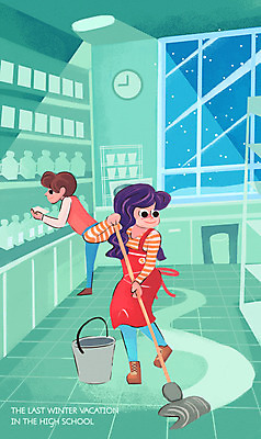 PSD 여자 남자 겨울 일러스트 창문 청소년 고등학생 실내 바구니 앞치마 청소 아르바이트 겨울방학 대걸레 마대걸레 편의점 최저임금 비정규직 국내일러스트 학생 계절 비즈니스 방학 사람 내부 경제 상점 청소도구 파일형식