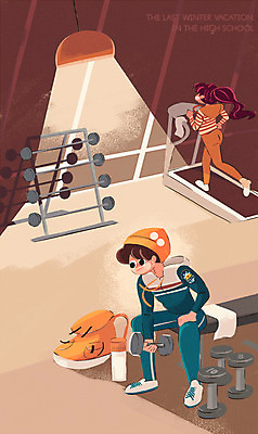 PSD 여자 남자 겨울 가방 일러스트 청소년 고등학생 조명 실내 두명 운동복 운동 아령 헬스장 역기 런닝머신 겨울방학 국내일러스트 학생 잡화 옷 계절 방학 건강 사람 내부 운동기구 헬스 파일형식