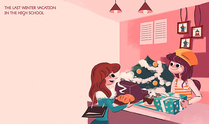 PSD 여자 남자 액자 겨울 일러스트 청소년 고등학생 조명 실내 성인 두명 선물상자 크리스마스트리 빵집 계산대 아르바이트 겨울방학 최저임금 비정규직 국내일러스트 학생 계절 크리스마스 비즈니스 방학 선물 사람 내부 경제 상자 상점 파일형식