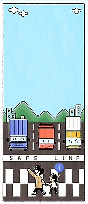 PSD 구름 여자 남자 도로 어린이 교통 말풍선 일러스트 자동차 산 안전 빌딩 성인 두명 손들기 트럭 보행자 횡단보도 느낌표 교통안전 스쿨존 안전선 국내일러스트 자연요소 기호 길 육상교통 교통시설 모션 사람 건물 보행로 파일형식