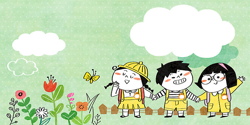 PSD 구름 여자 남자 꽃 어린이 나비 일러스트 세명 울타리 손잡기 유치원 유치원생 유치원생라이프 유치원복 국내일러스트 자연요소 식물 라이프스타일 옷 교육 곤충 모션 사람 담장 파일형식