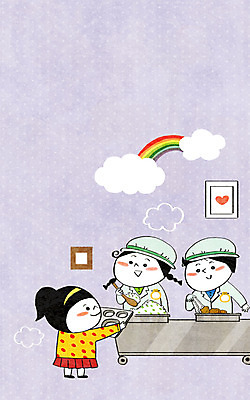 PSD 구름 여자 남자 어린이 무지개 일러스트 밥 반찬 집게 세명 유치원 유치원생 유치원생라이프 주걱 점심 식판 배식 국내일러스트 자연요소 라이프스타일 교육 음식 주방용품 사람 파일형식