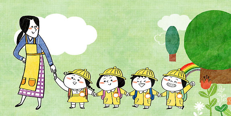 PSD 나무 구름 여자 남자 꽃 어린이 무지개 일러스트 여러명 성인 손잡기 유치원 유치원생 유치원생라이프 유치원복 유치원선생님 국내일러스트 자연요소 식물 라이프스타일 옷 교육 다수 모션 사람 교사 파일형식