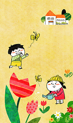 PSD 나무 여자 남자 꽃 어린이 나비 일러스트 두명 유치원 유치원생 물뿌리개 유치원생라이프 물주기 유치원복 국내일러스트 식물 라이프스타일 옷 교육 곤충 모션 사람 파일형식