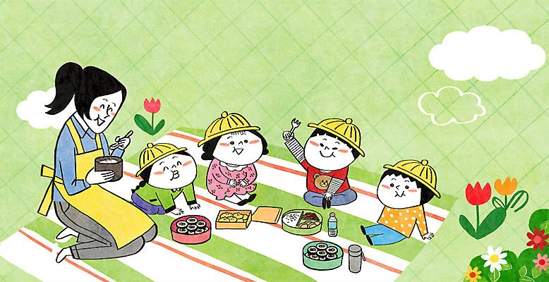 PSD 구름 여자 남자 꽃 어린이 일러스트 여러명 성인 소풍 유치원 유치원생 먹기 유치원생라이프 돗자리 김밥 도시락 유치원선생님 유치원모자 아이돌봄 돌보미 국내일러스트 자연요소 식물 직업 모자_잡화 라이프스타일 교육 음식 다수 모션 사람 야외활동 교사 파일형식 돌봄서비스