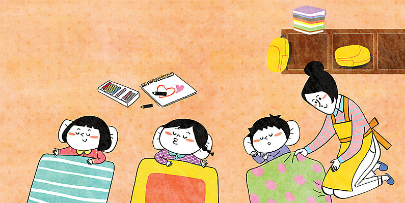 PSD 여자 남자 어린이 일러스트 베개 색연필 여러명 성인 책 유치원 유치원생 이불 잠 유치원생라이프 스케치북 낮잠 유치원선생님 유치원가방 아이돌봄 돌보미 국내일러스트 직업 라이프스타일 교육 다수 가방 침구 학용품 사람 교사 파일형식 돌봄서비스