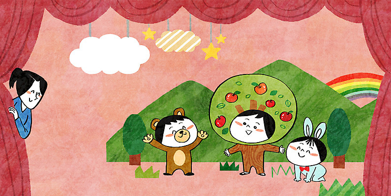 PSD 나무 구름 여자 남자 별 어린이 무지개 일러스트 곰 산 여러명 성인 분장 유치원 유치원생 공연 무대 토끼 커튼 유치원생라이프 사과나무 유치원선생님 학예회 국내일러스트 자연요소 식물 동물 라이프스타일 교육 다수 포유류 사람 이벤트 반려동물 교사 사과 발표회 파일형식