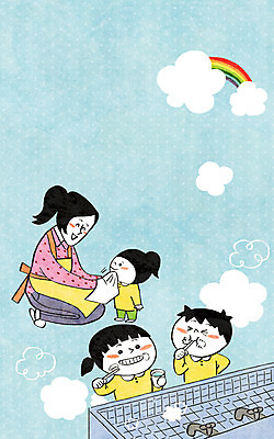 PSD 구름 여자 남자 어린이 무지개 일러스트 여러명 성인 유치원 유치원생 양치 칫솔 유치원생라이프 세면대 유치원복 유치원선생님 아이돌봄 돌보미 국내일러스트 자연요소 직업 라이프스타일 옷 교육 다수 사람 위생용품 교사 청결 파일형식 돌봄서비스