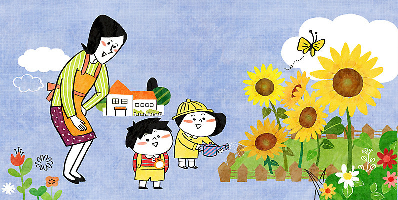 PSD 구름 여자 남자 꽃 어린이 나비 일러스트 해바라기 성인 세명 유치원 유치원생 물뿌리개 유치원생라이프 물주기 유치원복 유치원선생님 아이돌봄 돌보미 국내일러스트 자연요소 식물 직업 라이프스타일 옷 교육 곤충 모션 사람 교사 파일형식 돌봄서비스