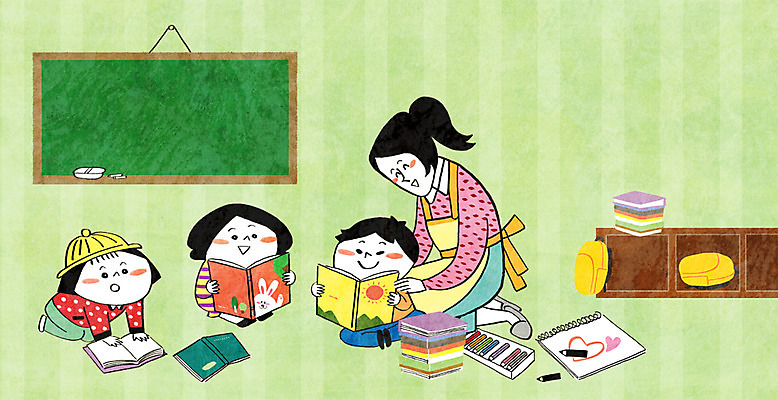 PSD 여자 남자 어린이 일러스트 색연필 여러명 성인 책 독서 칠판 유치원 유치원생 유치원생라이프 스케치북 유치원선생님 유치원가방 국내일러스트 라이프스타일 교육 다수 가방 학용품 사람 교사 파일형식