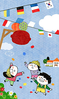 PSD 구름 여자 남자 꽃 어린이 일러스트 세명 유치원 유치원생 유치원생라이프 유치원복 체육대회 만국기 박터트리기 운동회날 유치원모자 콩주머니 국내일러스트 자연요소 식물 모자_잡화 라이프스타일 옷 교육 사람 놀이용품 국기 체육 대회 파일형식