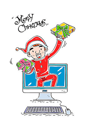 남자 리본 크리스마스 일러스트 캘리그라피 산타옷 한명 성인 책 컴퓨터 산타클로스 모니터 키보드 마우스 국내일러스트 AI파일 1 옷 기념일 사람 전자제품 컴퓨터용품 파일형식 벡터