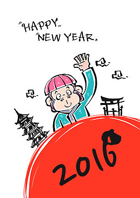 구름 일러스트 캘리그라피 사람없음 태양 탑 새해인사 원숭이 해피뉴이어 2016년 신사_일본건축 병신년 국내일러스트 AI파일 자연요소 건축물 포유류 새해 인사 연도 일본건축 파일형식 벡터