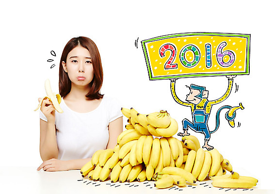편집이미지 여자 다이어트 바나나 한명 20대 성인 한국인 새해인사 원숭이 2016년 병신년 이미지편집 1 과일 포유류 새해 건강 사람 동양인 청년 인사 연도