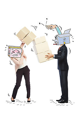 서양인 편집이미지 여자 남자 합성일러스트 정장 20대 성인 두명 상자 비즈니스맨 비즈니스우먼 학대 합성 이미지편집 AI파일 외국인 옷 비즈니스 사람 청년 직장인 사회이슈 파일형식 벡터