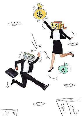 서양인 구름 편집이미지 여자 남자 서류가방 합성일러스트 정장 성인 두명 상자 달러 절벽 돈자루 합성 이미지편집 AI파일 자연요소 외국인 옷 돈 가방 사람 파일형식 벡터