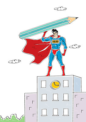 구름 교육 남자 시계 일러스트 학교 한명 빌딩 성인 연필 슈퍼맨 영웅 슈퍼맨의상 국내일러스트 AI파일 자연요소 1 옷 학용품 사람 건물 필기구 파일형식 벡터