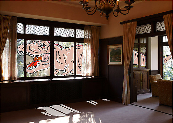 편집이미지 창문 실내 합성일러스트 사람없음 커튼 공룡 합성 이미지편집 AI파일 파충류 내부 파일형식 벡터