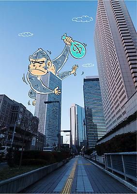 주간 구름 편집이미지 합성일러스트 빌딩 사람없음 야외 경제 달러 도시 돈자루 합성 고릴라 이미지편집 AI파일 자연요소 돈 포유류 건물 파일형식 벡터