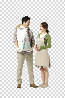 전신 편집 편집이미지 부부 여자 남자 40대 중년 서기 들기 동양인 성인 두명 앞모습 농작물 마주보기 한국인 농부 PNG 쌀포대 중년만 성인만 편집소스 직업 커플 뷰포인트 농업 모션 사람 인종 파일형식