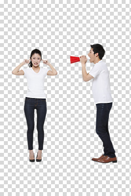 전신 외국인 편집 편집이미지 커플 여자 남자 서기 들기 20대 성인 두명 앞모습 옆모습 확성기 외침 일본인 시끄러움 PNG 성인만 편집소스 뷰포인트 관계 모션 사람 동양인 인종 청년 소리 파일형식