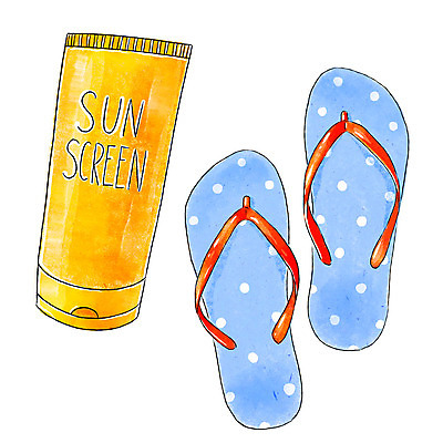 JPG 해외이미지 일러스트 슬리퍼 해변 사람없음 파란색 노란색 쪼리 선크림 그림 해외202004 해외포토 포토 바다 컬러 신발 화장품 샌들 파일형식 이미지허브