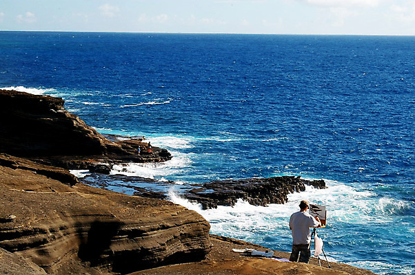 포토 JPG 해외이미지 파도 여행 사람 취미 사람없음 물 파란색 여행객 페인트 작업 스케치 이젤 그림 하와이 예술가 알로하 해외202004 해외포토 자연요소 바다 컬러 미술 미국 미술도구 인사 파일형식 이미지허브
