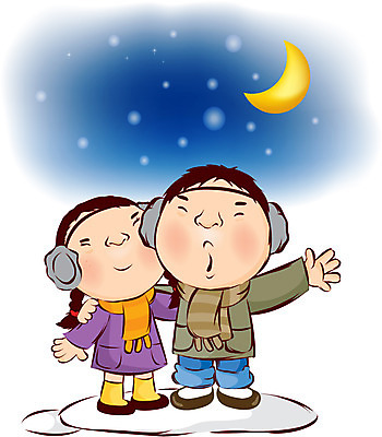 EPS 캐릭터 커플 계절 여자 남자 어린이 겨울 일러스트 사랑 사람 소녀 소년 야외 두명 달 야간 절기 첫눈 어린이만 소설_절기 국내일러스트 일러캐릭터 자연요소 감정 관계 눈_날씨 파일형식 벡터