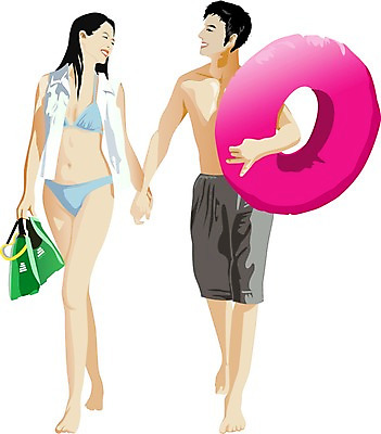 EPS 웰빙 커플 계절 여자 패션 남자 수영복 행복 여행 일러스트 휴가 사람 두명 여름 여름휴가 바캉스 오리발 즐거움 국내일러스트 옷 감정 관계 파일형식 벡터 여름_계절