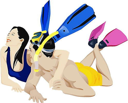 EPS 웰빙 커플 계절 여자 남자 수영복 여행 일러스트 휴가 미소 웃음 사람 소년 두명 여름 여름휴가 바캉스 물안경 오리발 국내일러스트 옷 어린이 관계 표정 수영용품 파일형식 벡터 여름_계절