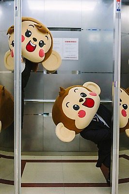 포토 JPG 여자 남자 회사 실내 미소 웃음 정장 상반신 20대 성인 두명 앞모습 한국인 원숭이 비즈니스맨 비즈니스우먼 엘리베이터 원숭이캐릭터 동물탈 숨기 원숭이머리 인형탈 청년만 성인만 국내포토 옷 뷰포인트 동물캐릭터 비즈니스 포유류 모션 표정 사람 동양인 청년 내부 직장인 탈 파일형식