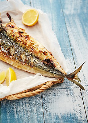 포토 JPG 스튜디오촬영 쟁반 실내 사람없음 레몬 해산물 파란배경 생선구이 고등어 고등어구이 기름종이 국내포토 종이 백그라운드 과일 어류 내부 파란색 구이 생선요리 파일형식