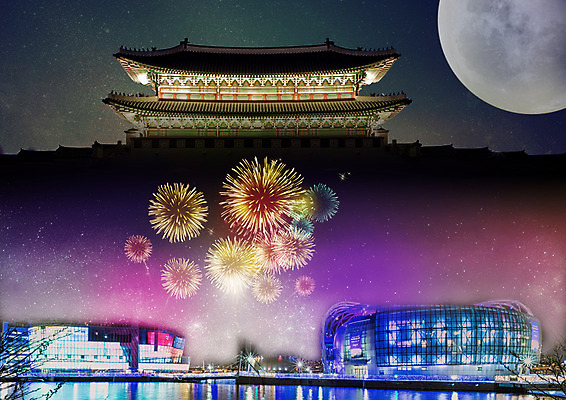 PSD 편집이미지 여행 고건축 야경 한국건축 밤하늘 한국 불꽃놀이 사람없음 건물 관광지 보름달 도시 이미지편집 건축물 건축 아시아 놀이 하늘 달 야간 파일형식 풍경_경치