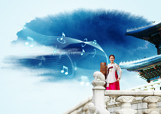 PSD 편집이미지 여자 음악 고건축 한국건축 난간 국악 한명 상반신 20대 성인 앞모습 한국인 한복 가야금 이미지편집 1 한국전통 전통 건축물 건축 뷰포인트 현악기 문화예술 국악기 사람 동양인 청년 전통의상 파일형식