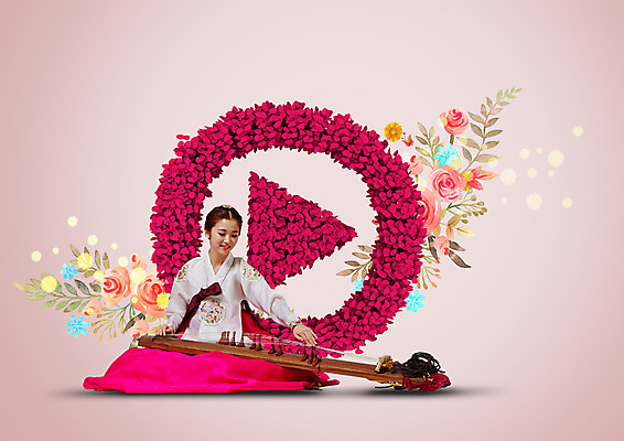 전신 PSD 편집이미지 여자 꽃 음악 연주 국악 한명 앉기 20대 성인 앞모습 한국인 한복 재생 가야금 이미지편집 식물 1 한국전통 전통 뷰포인트 모션 현악기 문화예술 국악기 사람 동양인 청년 전통의상 파일형식