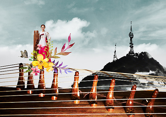 PSD 구름 편집이미지 여자 꽃 음악 나비 하늘 국악 한명 20대 성인 한국인 한복 가야금 남산타워 이미지편집 자연요소 식물 1 한국전통 전통 곤충 현악기 문화예술 국악기 사람 동양인 청년 전통의상 남산 파일형식