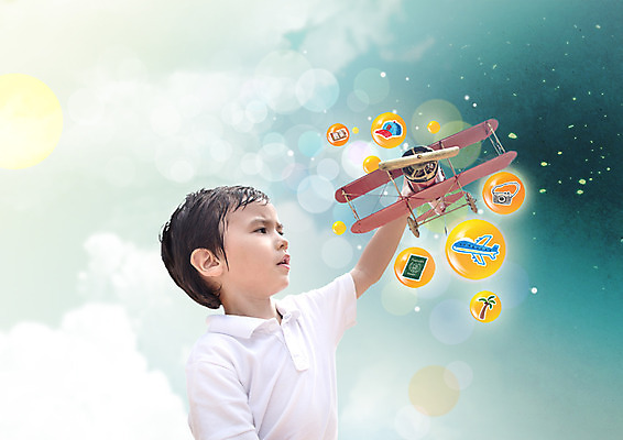 PSD 백인 편집이미지 남자 여행 비행기 한명 들기 상반신 야자수 장난감 카메라 유치원생 여권 캡 이미지편집 서양인 나무 모자_잡화 1 어린이 항공교통 모션 대중교통 사람 전자제품 파일형식